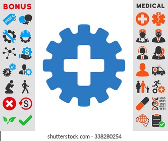 Plus Gear vector icon with bonus. Style is flat symbol, smooth blue color, rounded angles, white background.