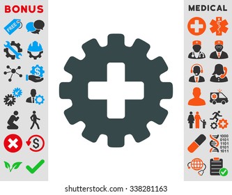 Plus Gear vector icon with bonus. Style is flat symbol, soft blue color, rounded angles, white background.