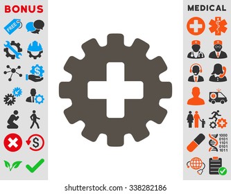 Plus Gear vector icon with bonus. Style is flat symbol, grey color, rounded angles, white background.