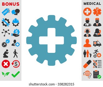 Plus Gear vector icon with bonus. Style is flat symbol, cyan color, rounded angles, white background.