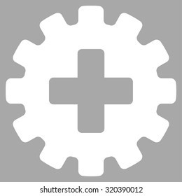 Plus Gear vector icon. Style is flat symbol, white color, rounded angles, silver background.