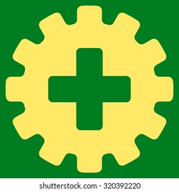 Plus Gear vector icon. Style is flat symbol, yellow color, rounded angles, green background.
