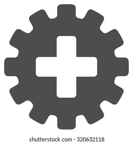 Plus Gear vector icon. Style is flat symbol, gray color, rounded angles, white background.