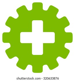 Plus Gear vector icon. Style is flat symbol, eco green color, rounded angles, white background.