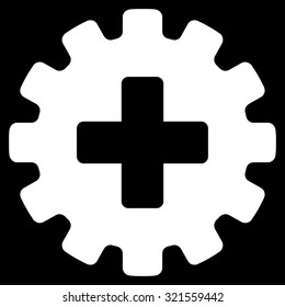 Plus Gear vector icon. Style is flat symbol, white color, rounded angles, black background.