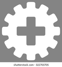 Plus Gear vector icon. Style is flat symbol, white color, rounded angles, gray background.
