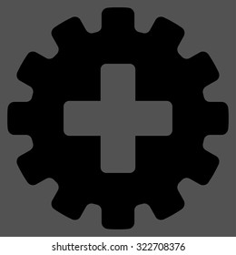 Plus Gear vector icon. Style is flat symbol, black color, rounded angles, gray background.