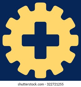 Plus Gear vector icon. Style is flat symbol, yellow color, rounded angles, blue background.