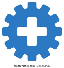 Plus Gear vector icon. Style is flat symbol, smooth blue color, rounded angles, white background.