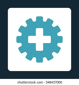 Plus Gear vector icon. Style is flat rounded square button, blue and white colors, dark blue background.