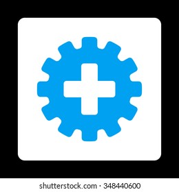 Plus Gear vector icon. Style is flat rounded square button, blue and white colors, black background.