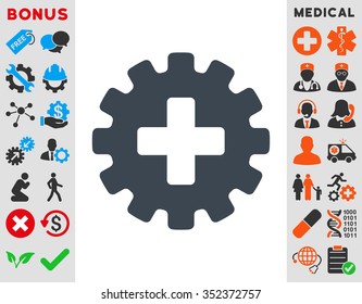 Plus Gear vector icon. Style is flat symbol, smooth blue color, rounded angles, white background.