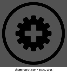 Plus Gear vector icon. Style is flat circled symbol, black color, rounded angles, gray background.