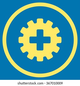 Plus Gear vector icon. Style is flat circled symbol, yellow color, rounded angles, blue background.