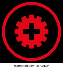 Plus Gear vector icon. Style is flat circled symbol, red color, rounded angles, black background.