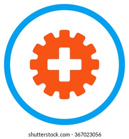 Plus Gear vector icon. Style is flat circled symbol, orange and blue colors, rounded angles, white background.