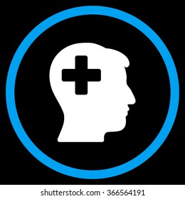 Plus Gentleman Head vector icon. Style is bicolor flat circled symbol, blue and white colors, rounded angles, black background.