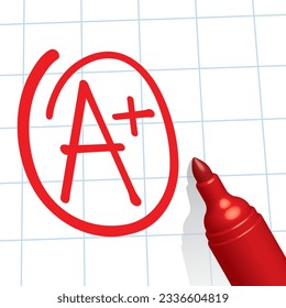 A plus grade paper, red pen, vector illustration 