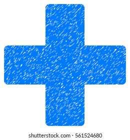 Plus grainy textured icon for overlay watermark stamps. Flat symbol with unclean texture. Dotted vector blue ink rubber seal stamp with grunge design on a white background.