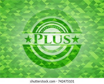 Plus green emblem. Mosaic background