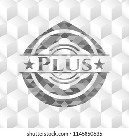 Plus grey badge with geometric cube white background