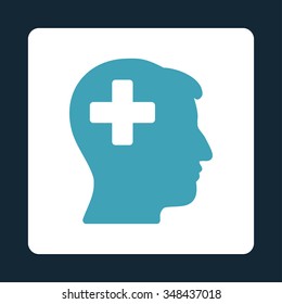 Plus Guy Head vector icon. Style is flat rounded square button, blue and white colors, dark blue background.