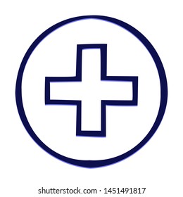 Plus. Hand Drawn Icon with Blue Ballpoint Pen Style.
