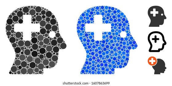 Plus head composition of filled circles in various sizes and color tones, based on plus head icon. Vector filled circles are grouped into blue composition.