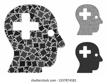 Plus head composition of tuberous parts in different sizes and color tinges, based on plus head icon. Vector uneven parts are organized into collage. Plus head icons collage with dotted pattern.