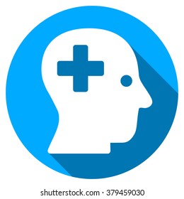 Plus Head long shadow icon. Style is a light flat symbol with rounded angles on a blue round button.