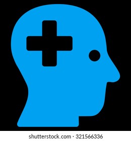 Plus Head vector icon. Style is flat symbol, blue color, rounded angles, black background.
