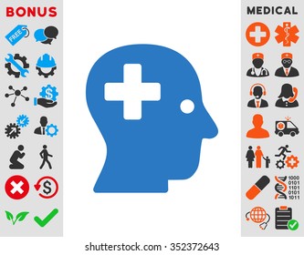 Plus Head vector icon. Style is flat symbol, smooth blue color, rounded angles, white background.