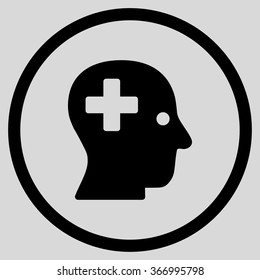 Plus Head vector icon. Style is flat circled symbol, black color, rounded angles, light gray background.