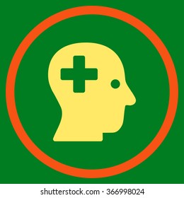 Plus Head vector icon. Style is bicolor flat circled symbol, orange and yellow colors, rounded angles, green background.