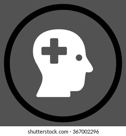 Plus Head vector icon. Style is bicolor flat circled symbol, black and white colors, rounded angles, gray background.