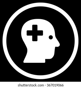 Plus Head vector icon. Style is flat circled symbol, white color, rounded angles, black background.