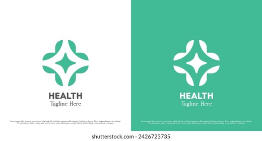 Ilustración de diseño de logotipo de salud. Cruce de la clínica de medicina médica hospital médico enfermero farmacia. Símbolo de icono simple moderno mínimo moderno abstracto geométrico hoja verde ayuda soporte.