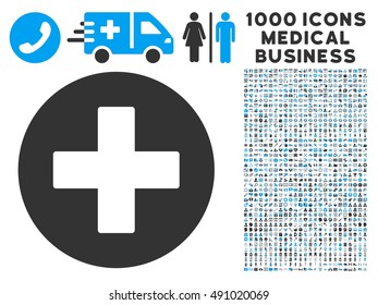 Plus icon with 1000 medical business gray and blue vector pictograms. Collection style is flat bicolor symbols, white background.