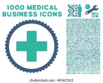 Plus icon with 1000 medical business cobalt and cyan vector pictograms. Collection style is flat bicolor symbols, white background.