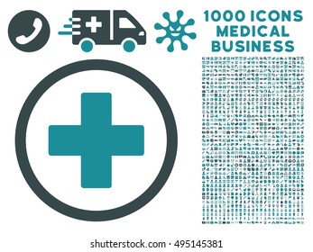 Plus icon with 1000 medical commercial soft blue vector pictographs. Collection style is flat bicolor symbols, white background.