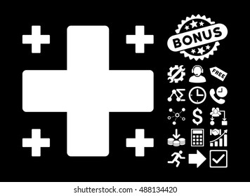Plus icon with bonus images. Vector illustration style is flat iconic symbols, white color, black background.