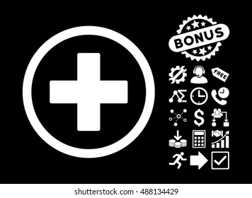 Plus icon with bonus images. Vector illustration style is flat iconic symbols, white color, black background.