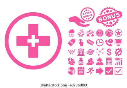 Plus icon with bonus pictogram. Vector illustration style is flat iconic symbols, pink color, white background.