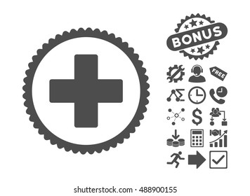 Plus icon with bonus symbols. Vector illustration style is flat iconic symbols, gray color, white background.