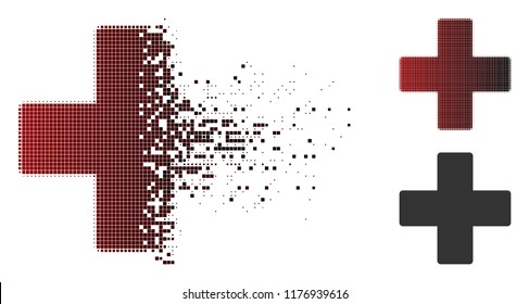 Plus icon in dispersed, dotted halftone and undamaged entire versions. Fragments are organized into vector disappearing plus icon.