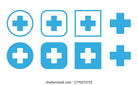 Plus Icon In Flat Style. Set Blue Plus Sign, Medical Cross, Vector Pharmacy Design.