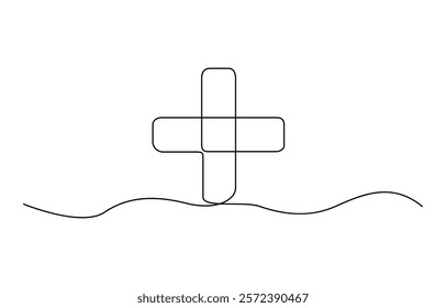 Plus icon line continuous drawing vector. One line plus icon vector background, Continuous linear drawing of hospital sign. Medical cross icon. Abstract background drawn with one line.
