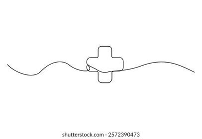 Plus icon line continuous drawing vector. One line plus icon vector background, Continuous linear drawing of hospital sign. Medical cross icon. Abstract background drawn with one line.