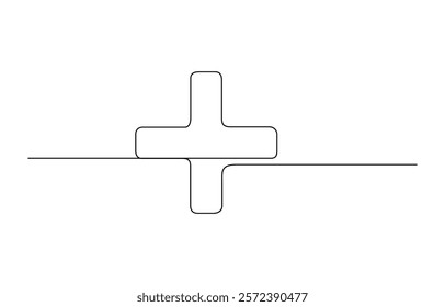 Plus icon line continuous drawing vector. One line plus icon vector background, Continuous linear drawing of hospital sign. Medical cross icon. Abstract background drawn with one line.