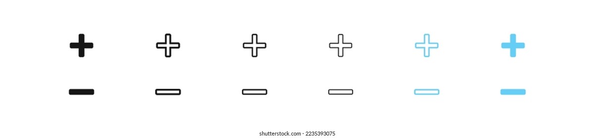 Plus icon. Minus sign. Add symbol. Remove symbols. Negative icons. Vector isolated sign.